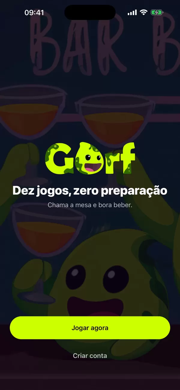 Tela de boas-vindas do app de jogos para beber Gorf