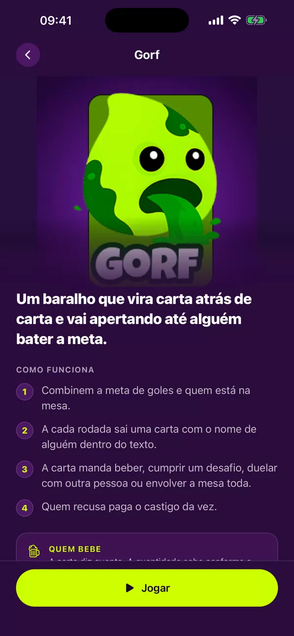 Guia com as regras de um jogo de beber no app