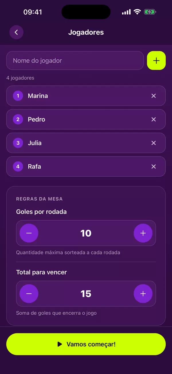 Tela para adicionar os nomes dos jogadores
